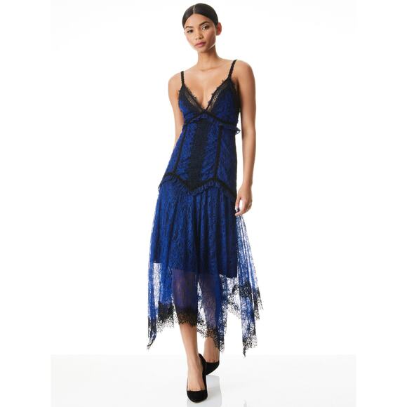 Alice + Olivia Opal Lace Handkerchief Dress Black Blue Size 6 Midi Lace Ruffle - Picture 12 of 12